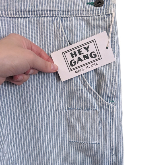 Hey Gang The Miner Denim Overall Shorts in Washed Railroad Stripe, Size XL - Picture 4 of 8